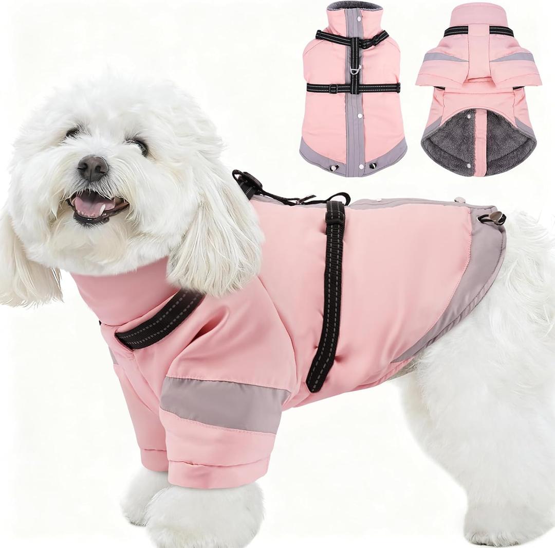Turtleneck Dog Coat with Harness Built in - S,Soft Warm Lining | Adjustable Reflective Harness Coats for Small Dogs,Snow Day Water-Repellent,Windproof & Cold-Resistant Jacket (Light Pink) (SmallChest 17.3")