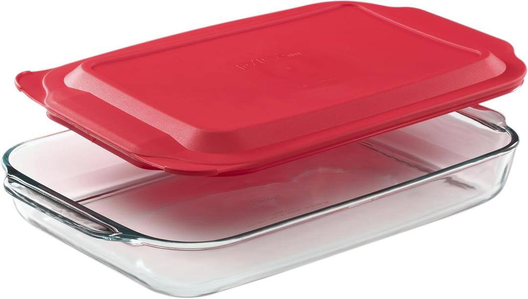 Pyrex Basics 3 QT Glass Baking Dish With Plastic Lid, Casserole Dish, Glass Food Container, Oven, Freezer And Microwave Safe, Clear Container