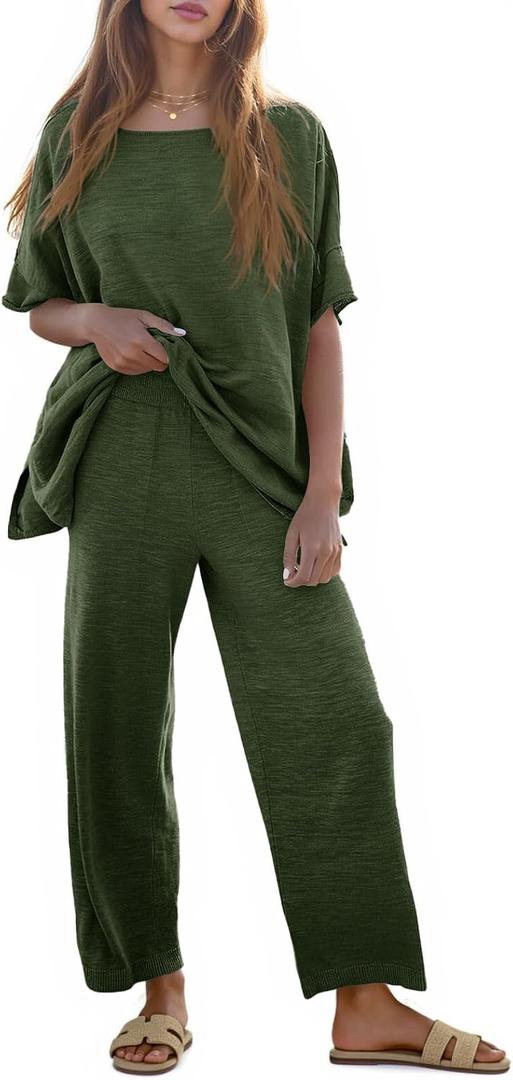 Tankaneo Women's 2 Piece Travel Outfits Casual Short Sleeve Knit Sweater Set Wide Leg Pants Lounge Sets Tracksuit Medium