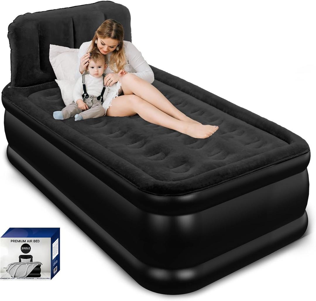 Twin Air Mattress with Headboard, Built-in Pump, Supports 500 lbs, 48-Hour Leak-Tested, 2.5 Min Fast & Easy Inflation/Deflation, Quiet Noiseless Design, Portable Blow Up Bed for Home, Guests & Camping (Black)