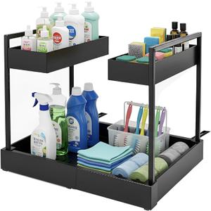 Expandable Under Sink Organizer, 2-Tier Height Adjustable Sliding Rack, Carbon Steel Frame with Ball-Bearing Slides, 12.820.5 Width for Kitchen & Bathroom(Does Not Fit Cabinets with Middle Divider)