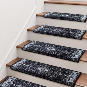 Brakki Bullnose Stair Treads for Wooden Steps, Non Slip Stair Carpet for Indoor Runner and Pets, Soft Edging Staircase Protectors Reusable, Washable, 29.5"x9.5"x1.5" 14pcs, Black