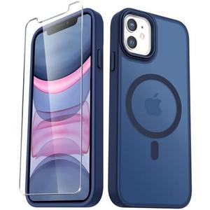 YENAPOON for iPhone 11 Case, Matte Magnetic Phone Case with 1 Screen Protector, Compatible with Magsafe, Translucent Frosted Slim Shockproof Protective Cover for iPhone 11 6.1 inch, Navy Blue