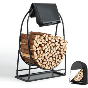 35 Inches Firewood Log Rack Hoop with Cover & Tray, Heavy Duty Solid Steel Fire Wood Storage Rack and Cover Set with Zipper for Outdoor/Indoor, Round Log Holder with 33in Tray, Waterproof Cover