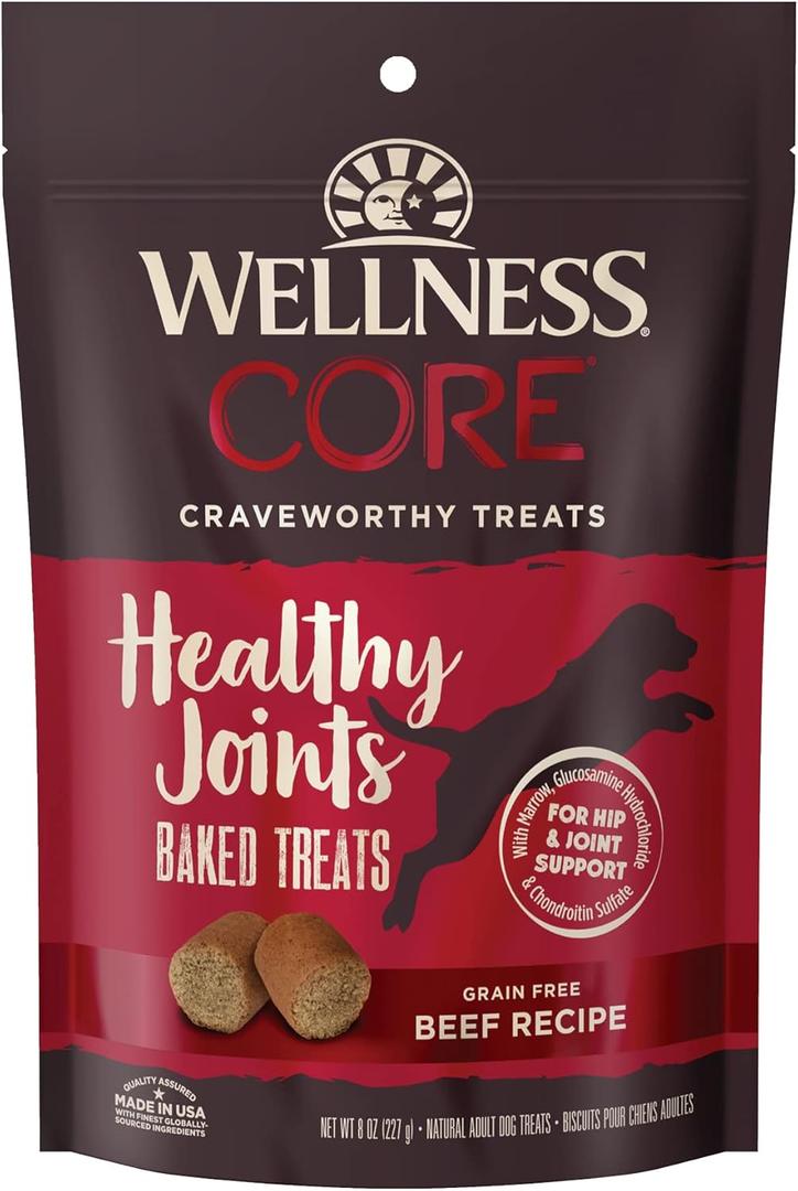 Wellness CORE Healthy Joints Crunchy Dog Treats (Previously Marrow Roasts), Natural Grain-Free Treats, Made with Real Meat, No Artificial Flavors (Beef, 8-Ounce Bag) (EXP 11/01/24)