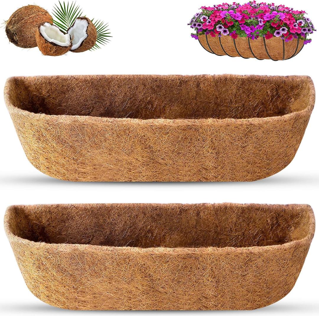 REMIAWY Coco Liners for Planters 24 Inch, 2 Packs Natural Coconut Fiber Coir Flower Basket Window Box Liners, Trough Planter Insert for Outdoor Plant Large Pots Garden Fence Decoration