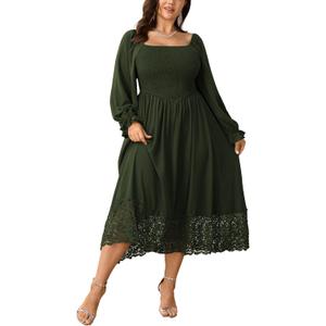 SHESTARR Women's Plus Size Maxi Dress Long Sleeve Square Neck Smocked Flowy A-Line Lace Trim Wedding Guest Dresses (Green, XXXL)