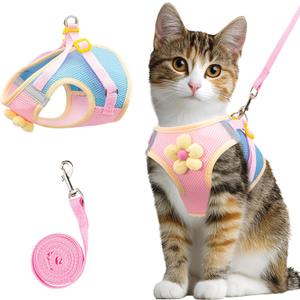 Coppthinktu Cat Harness and Leash Set Escape Proof, Adjustable Cat Vest Harnesses Soft Kitten Harness Reflective Strips Jacket with Flower, Breathable Mesh Harnesses for Cats Puppy Outdoor Walking S