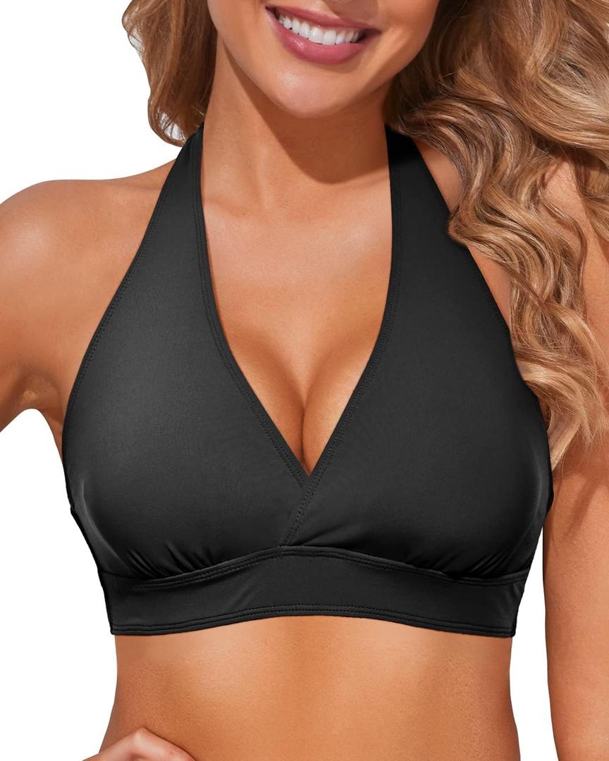 Tempt Me Women Halter Bikini Top Push Up Swimsuit Top Only (Black)
