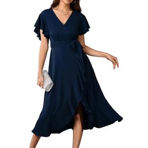 Womens Wedding Guest Midi Dress Flutter Sleeve V Neck Wrap High Low Bridesmaid Cocktail Formal Dresses for Women Navy Blue, Size: L
