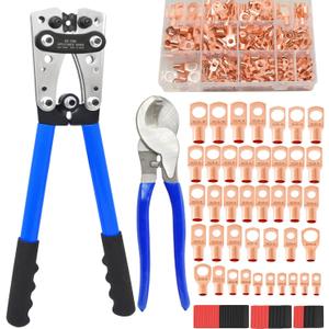 Cable Lug Crimping Tool with 200Pcs Copper Wire Lugs, Battery Cable Lug Crimping Tool Kit for AWG 10-1/0, with Cable Cutter, 220Pcs Heat Shrink Tubing,Battery Terminal Crimper Tool