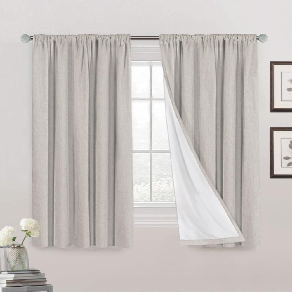 PrinceDeco Blackout Curtains 63 Inches Long 100% Blackout Curtains for Bedroom Rod Pocket Linen Textured Curtains Energy Saving with White Liner, 2 Panels(52 x 63 Inch, Stone)