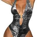 Women's Metallic One Piece Swimsuit Sexy Plunge Cutout Bodysuit Festival Rave Outfits (Medium)