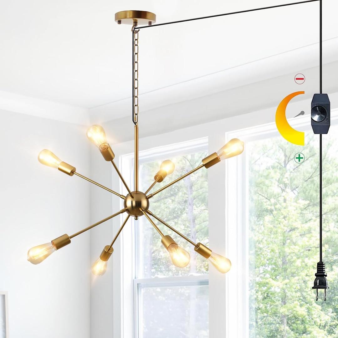 HOXIYA DIMMABLE 26.3" Modern Plug in Sputnik Chandelier with Cord, Brushed Brass 8-Lights Pendant Light Fixture, Midcentury Hanging Ceiling Lighting for Foyer, Entryway, Bedroom, Dining Room, Kitchen