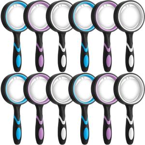 Xuhal 12 Pcs 10X Magnifying Glass Handheld Shatterproof Reading Magnifier for Seniors and Kids, 50mm Colored Magnifying Lens with Non Slip Rubber for Observation Exploration Science (Mixed Color)