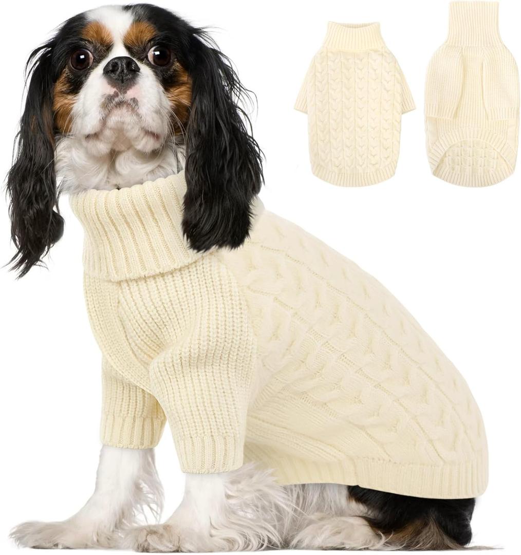 Queenmore XS Dog Sweater, Dog Christmas Sweater, Warm Soft Sweaters for Dogs Girl Boy, Knit Winter Coat for Frenchie, Dachshund, Bulldog (White, XS)