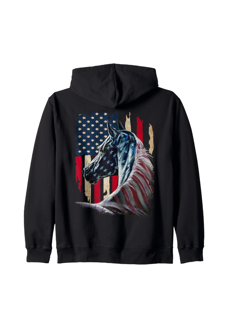Horse Vintage Print on Back Zip Hoodie, Size M