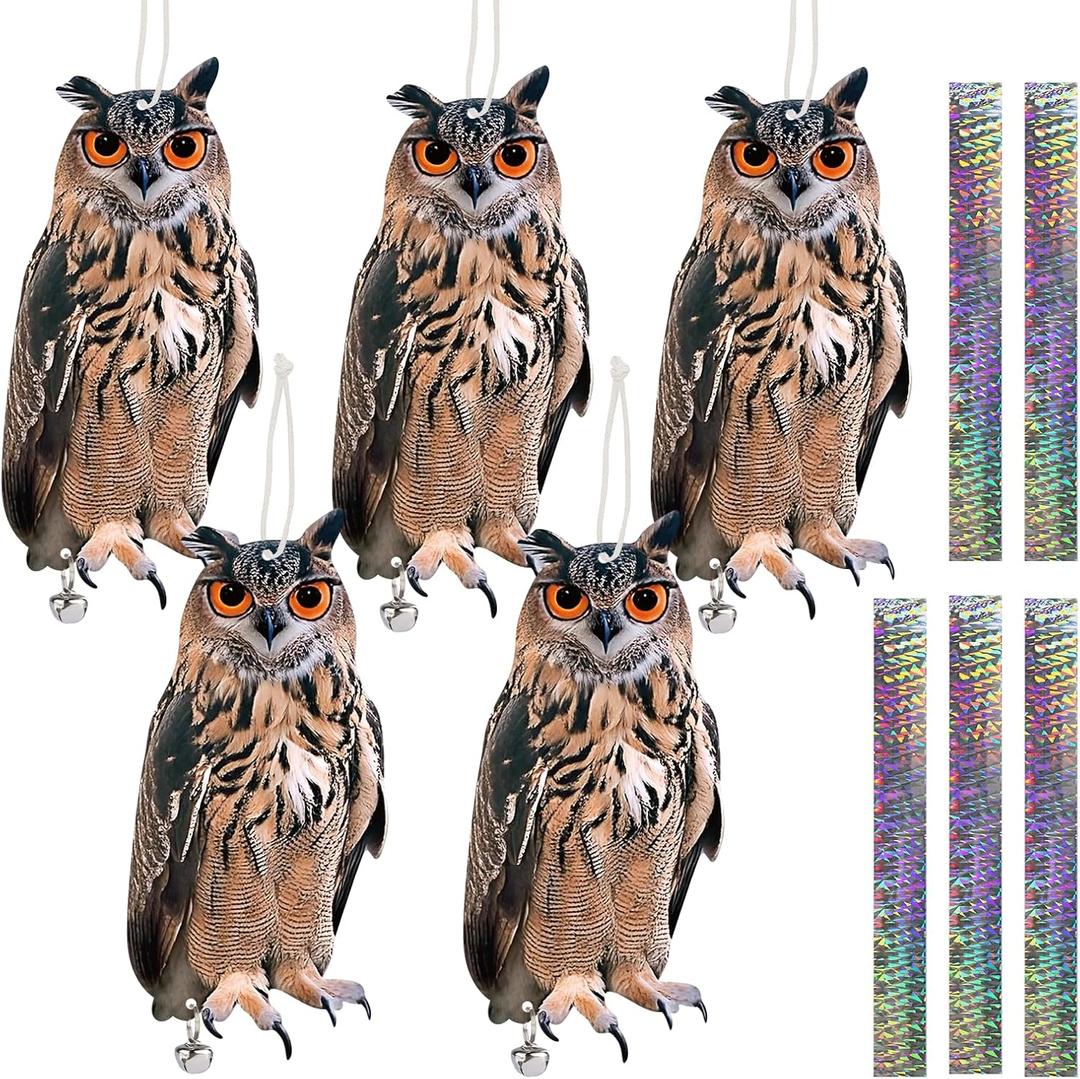 2 x Fake Owl to Scare Pigeon Away 5PCS Flat Paper Hanging Garden Owls Woodpecker Scare Devices with Reflective Tape Plastic Owl to Keep Pigeon Away from Balcony Outdoor Porch Patio Roof Windows Tree