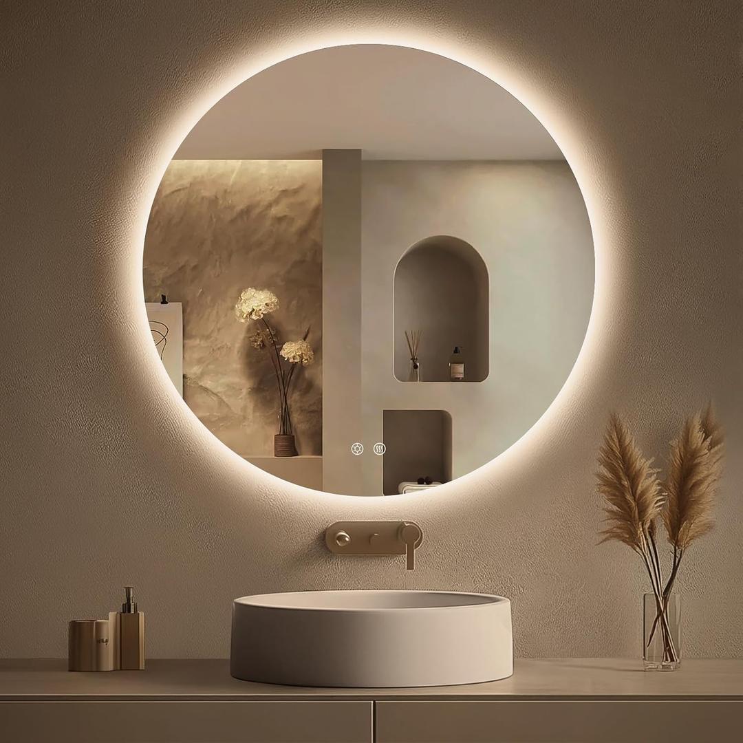LOVESPEJO 30 Inch Round Backlit Bathroom Mirror with Lights, Circle LED Mirror for Bathroom, Fogless, Stepless Dimmable, 3 Color Changing, Memory, IP54, Shatter-Proof