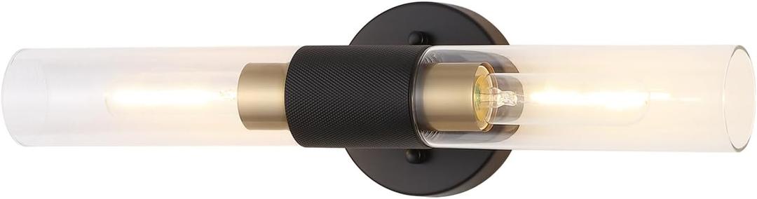 BYOLIIMA Modern Knurled Texture Wall Sconce Clear Glass Shade Modern Gold Black Bathroom Vanity Light Fixtures 2-Lights Mid Century Wall Light for Mirror Living Room Hallway E26 T10 Bulbs(Excluded)