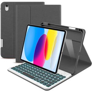 ABSONE for iPad A16 11th 10th Generation Case with Keyboard, 7 Colors Backlit Detachable Wireless Folio Keyboard Cover with Pencil Holder for iPad A16 11 inch Gen 2025 10th Gen 10.9 Inch 2022 Grey