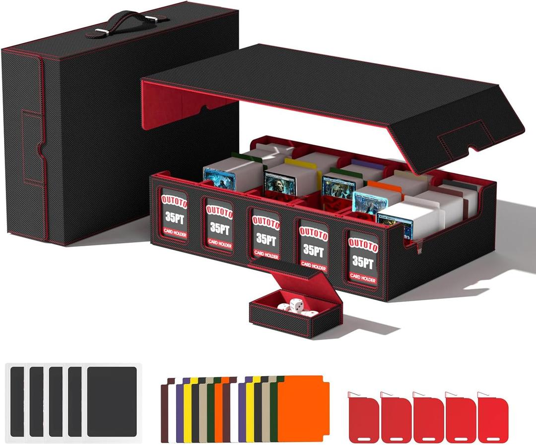 3900+ MTG Deck Box,5-Row Deck Case with Removable Lid & Portable Handle, Card Deck Box for MTG TCG Sports Card,5 Toploaders,5 Stoppers,48 Dividers,1 Dice Tray, Fits for MTG/TCG/Magic Cards (Black & Red)