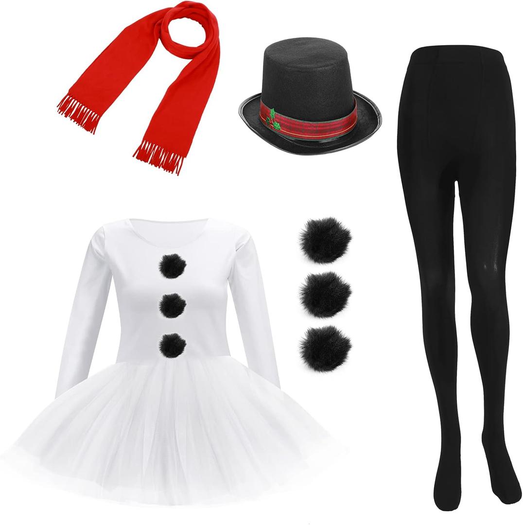 Hillban Snowman Costume for Women Kit Frosty Costume Tutu Skirt Opaque Tights Red Scarf and Snowman Top Hat for Cosplay Party (Small)