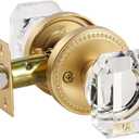 Gold Door Knobs Glass Door Knob Brushed Gold Passage Door Knobs Square Crystal Satin Brass Interior Door Knob for Hall and Closet, 1 Pack