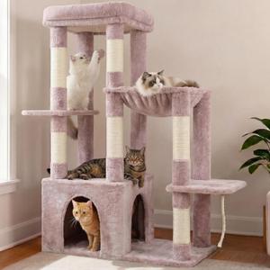 Heybly Heavy Duty Cat Tree, Tower for Indoor Cats Large Adult, Tall Cat Condo House with Extra-Large Baseboard, Multi-Level Plush Furniture with Scratching Posts, Hammock,Toy Balls,Muchroom HCT026MU