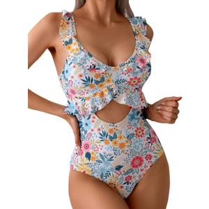 Rainlover Womens One Piece Swimsuits Tummy Control Bathing Suit Cutout High Waisted Ruffle Wrap V Neck Swimwear (Large, Bluepink Floral)