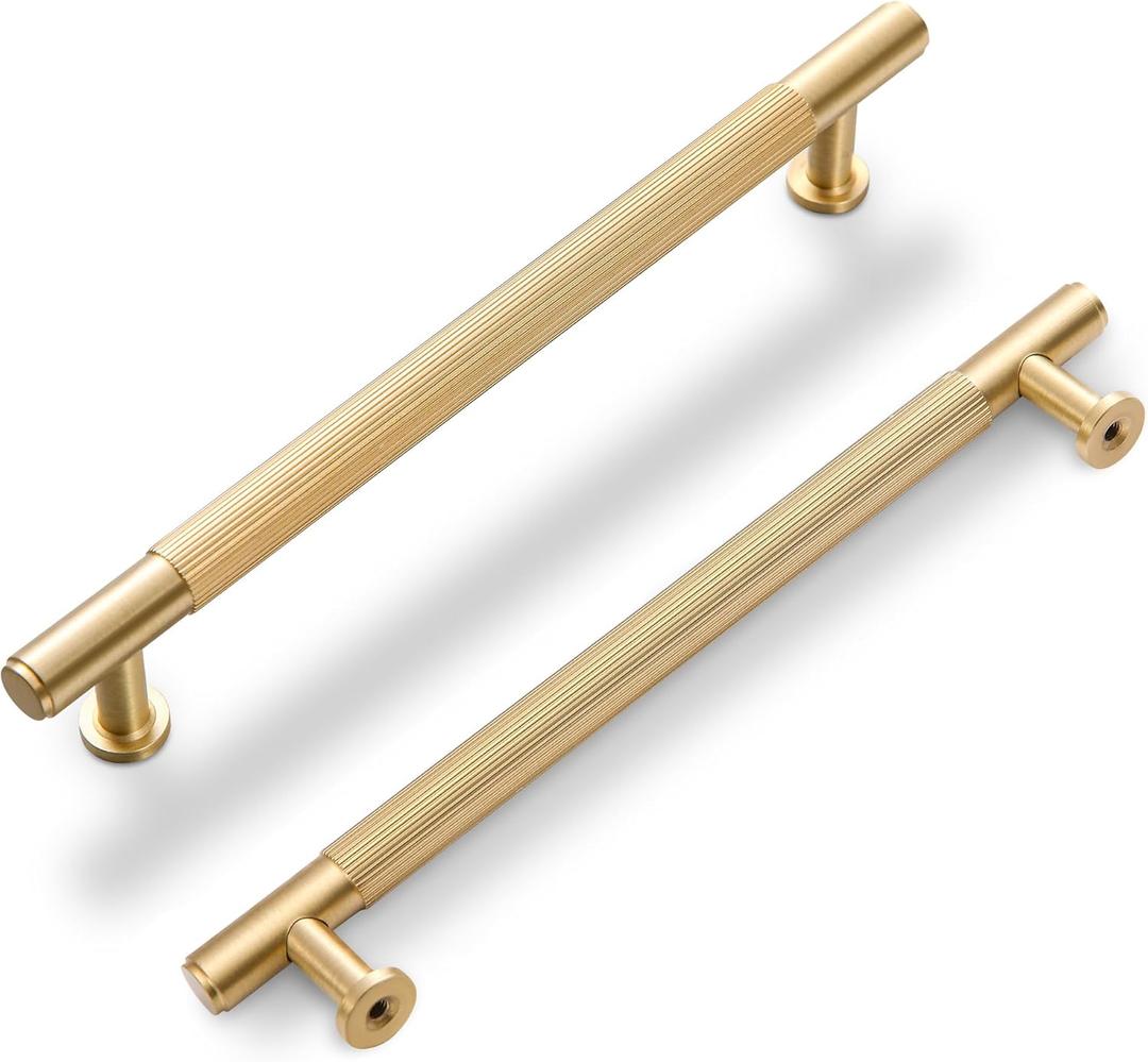 SALISENG- Solid Brass Kitchen Cabinet Pulls, 5 Pack Brushed Gold Drawer Handles, 6-3/10 Inches Hole Distance,Modern Furniture Hardware Door Handles for Closet Cupboard Wardrobe(Arina) (6-3/10 Inch Hole Centers)