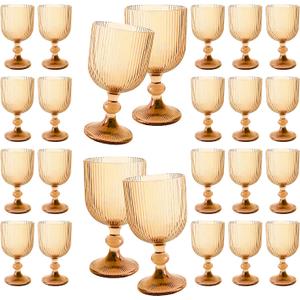 24 Pcs Vintage Wine Glasses, 11 Ounces Colored Glass Water Goblets, Colorful Unique Embossed Pattern High Clear Stemmed Glassware Wedding Party Bar Glass Drinking Cups Vertical Line Amber Set of 24