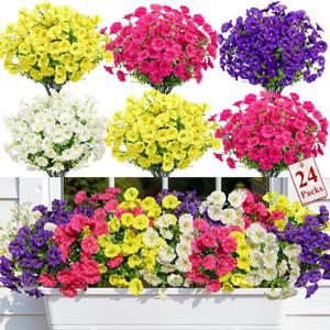 Alupssuc 24 Bundles Artificial Flowers for Outdoors, Faux Spring Flowers for Decoration, UV Resistant Silk Morning Glory with Eucalyptus Realistic Fake Flowers for Yard Planter Porch Garden, 4 Colors