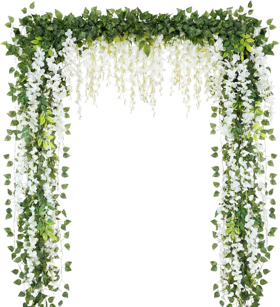 Zeyune 24 Pcs Wisteria Artificial Flowers Garland Includes 6.8 ft Artificial Wisteria Hanging Flowers 3.6 ft Fake Vines Green Pothos Leaves for Garden Outdoor Wedding Arch Decoration (White)