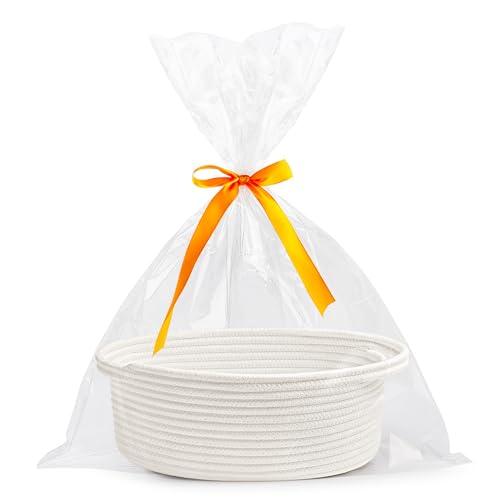Pro Goleem Small Woven Burr Basket with Gift Bags and Ribbons Durable Baskets for Valentines Day Gifts Empty Small Rope Basket for Storage 12"X 8" X 5" Baby Toy Baskets with Handles, White