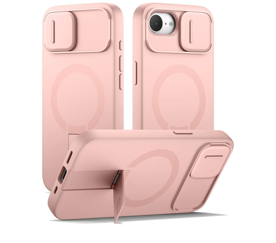 SURITCH for iPhone 16e Case with Magnetic Camera Slide Cover and Adjustable Kickstand, Compatible with MagSafe, Shockproof Bumper Case Slim Protective Cover 6.1 Inch,Pink