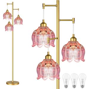 Glass Floor Lamp for Living Room, Bedroom,Gold Flower Mid Century Modern Standing Lamp Brass Tree 3 Light Tall Floor Lamps Vintage Floor Lights Pink Lamp Shade Farmhouse Boho Bohemian