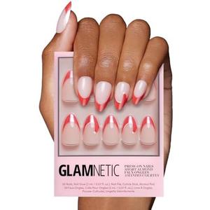Glamnetic Press On Nails – Mrs. Claus | Short Almond Fake Nails Semi-Transparent Red French Tip Santa Hat Design, Glazed Finish, Salon Quality Holiday Nails | 15 Sizes, 30 Nail Kit