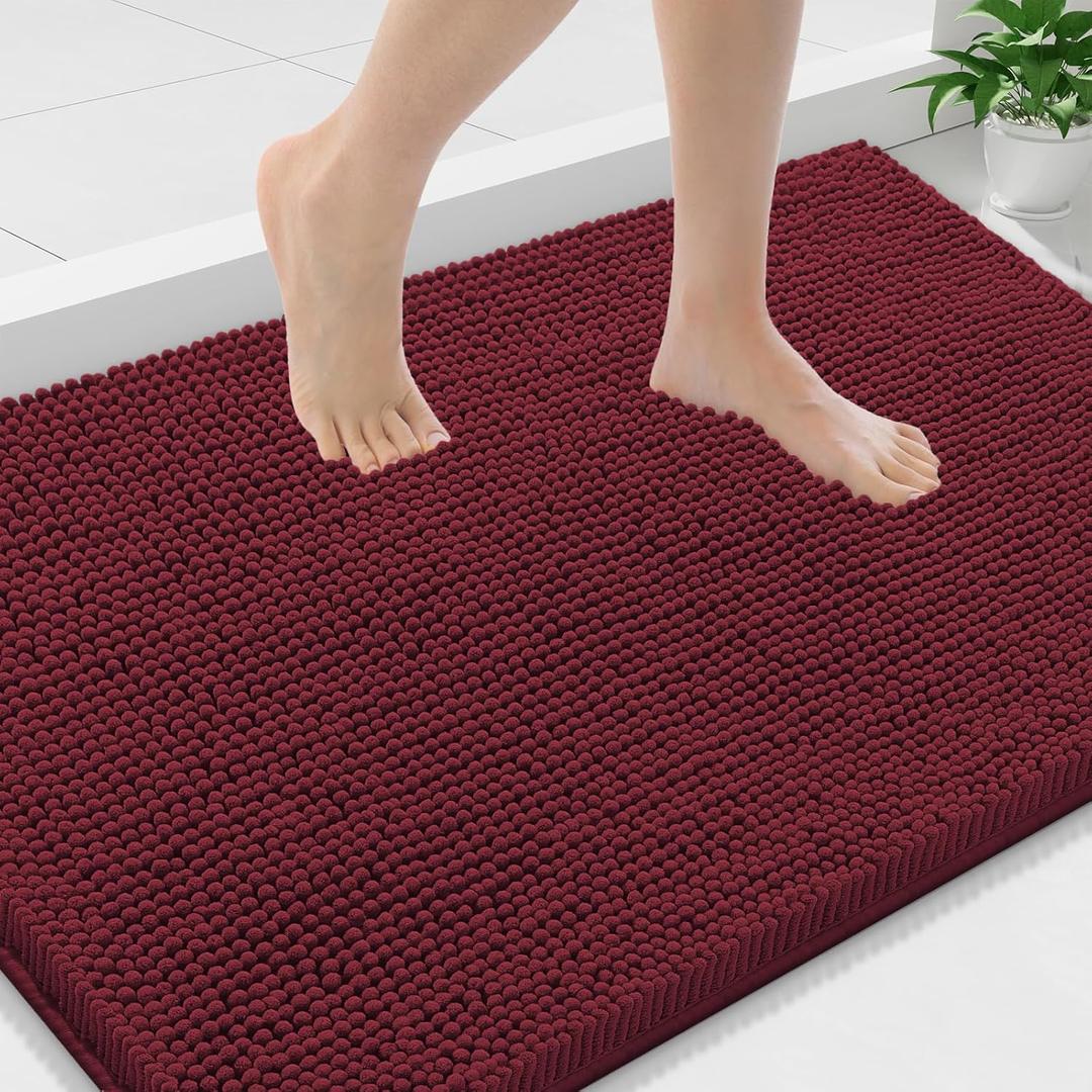 Smiry Luxury Chenille Bathroom Rugs 36x24, Extra Soft and Absorbent Shaggy Bath Mat, Machine Washable, Non-Slip Plush Carpet Runner for Tub, Shower, and Floor, Home Decor Accessories, Burgundy