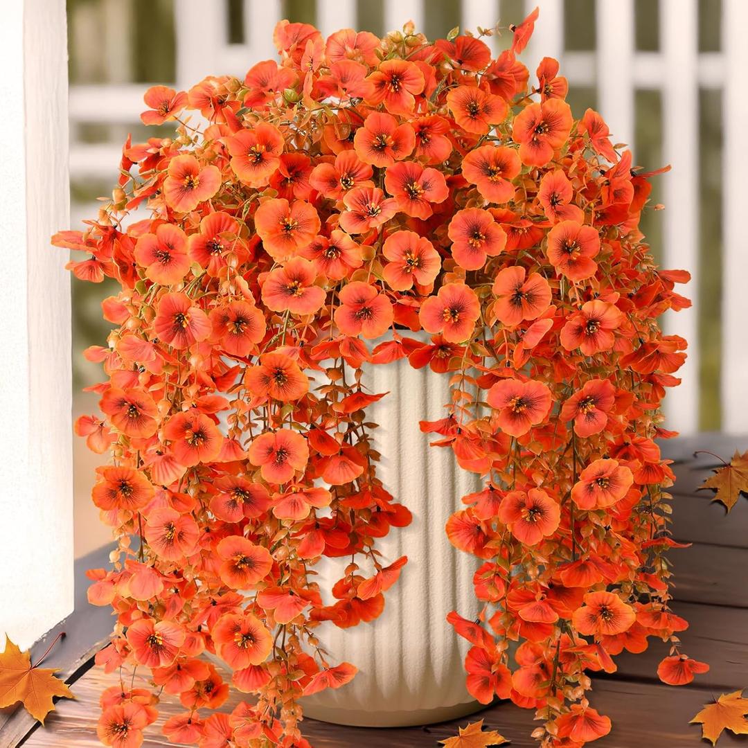 Artificial Fall Flowers for Outdoor, 4 Pcs Faux Pansy Fake Mums Plant Hanging Flowers Outdoor Fall Decor, UV Resistant No Fade Silk Flower for Front Door Porch Planter Patio Yard Garden(Orange)