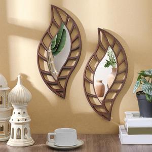 Roowest 2 Pcs Decorative Mirror Wall Decor Leaf Teardrop Mirror Wall Mounted Decorations for Living Room Bedroom Bathroom Vanity Entryway Office(Brown)