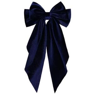 Big Velvet Hair Ribbon Hair Bow Clip with Long-Tail Navy Blue French Barrettes for Women Girls Oversized Vintage Wedding Prom Dance Party Dress Hair Decor Accessories