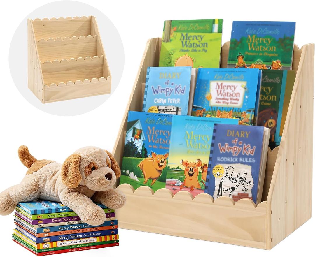 BALAPET Kids Bookshelf for Toddlers, 3-Tier Scalloped Wooden Bookcase, Durable Montessori Front Facing Book Shelf Organizer for Nursery & Classroom(Wooden,16.5 * 16.5 * 10.6in)