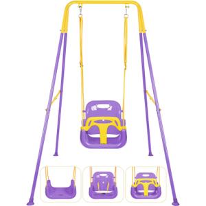 3-in-1 Toddler Swing Set, Foldable Baby Swing Set for Indoor & Outdoor | Heavy Duty Baby Swing with Stand for Ages 6 Months to 10 Years Old, Easy to Assemble and Store (Purple)