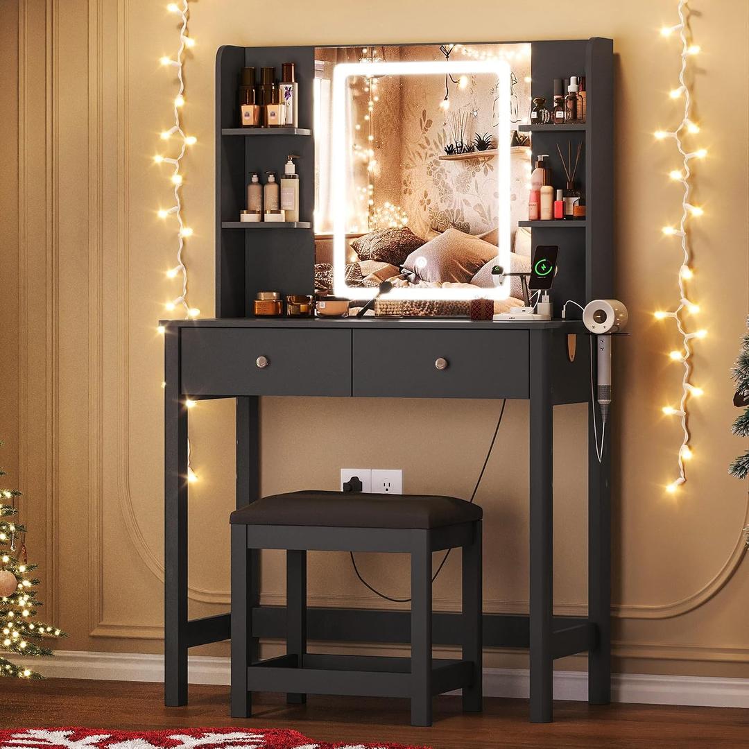 Vanity Desk with Mirror and LED Lights, Small Makeup Vanity Table Set with Drawers and Chair, Dressing Table with Power Outlet for Girls Bedroom, Black, 15.75"D x 31.5"W x 51.18"H