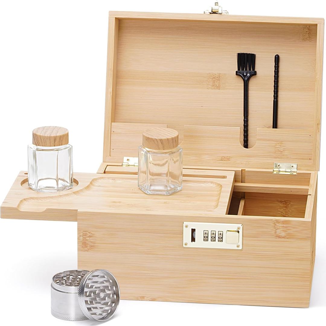 Large bamboo box, locked storage decorative box with combination lock, wooden lock box with lid, wooden locked storage box with removable tray and jars (Medium)