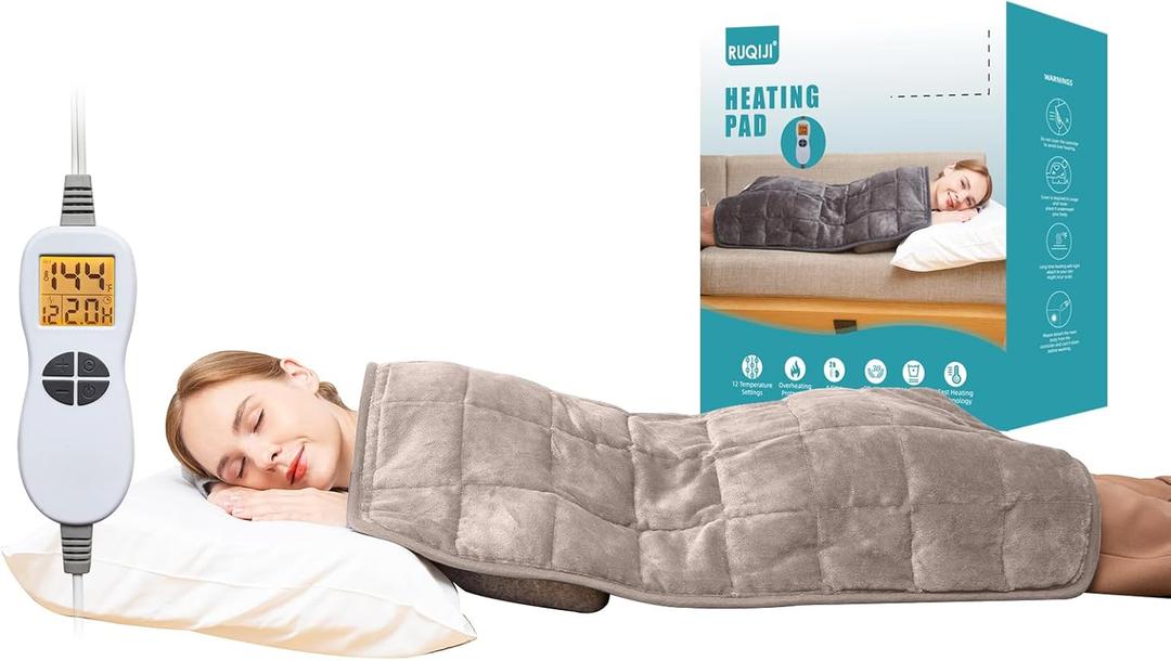 Ruqiji 17''x33'' Weighted Heating Pad, 5.2lbs with 12 Temperature Settings& Countdown Display, Pain Relief for Back/Neck/Shoulders/Abdomen/Legs, Birthday Gifts for Mom Dad Women Men (Light Tan) (02 Weighted Light Tan)