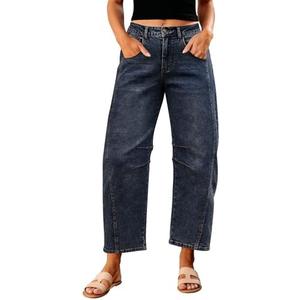 GRAPENT Barrel Jeans for Women Trendy High Waisted Wide Leg Baggy Cropped Relax Fit Stretch Denim Trouser Ankle Pants, 2XL