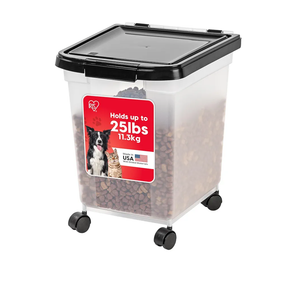 IRIS USA Airtight Dog Food Storage Container, WeatherPro, Up to 25 lbs, Removable Wheels, for Dog Cat Bird and Other Pet Food Storage Bin, Keep Fresh, Translucent Body, Made in USA, Clear/Black