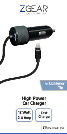 ZGear High Power Lightning Cable Car Charger - Black, 5 ft 